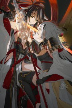 2girls armor bare_shoulders black_gloves black_hair black_shirt black_skirt black_thighhighs breasts center_opening collar detached_sleeves dual_persona facial_mark fate/grand_order fate_(series) forehead_mark gloves gold_trim green_eyes hair_between_eyes halterneck high_ponytail highres japanese_armor kamo_ashi katana koha-ace layered_skirt long_hair long_skirt long_sleeves medium_breasts metal_collar multicolored_hair multiple_girls nagao_kagetora_(fate) open_mouth polearm ponytail sash shirt shoulder_armor sidelocks skirt smile sode spear suneate sword thighhighs thighs two-tone_hair uesugi_kenshin_(third_ascension)_(fate) very_long_hair weapon white_hair white_skirt wide_sleeves yellow_sash