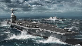 3d absurdres aircraft aircraft_carrier airplane blender_(medium) cloud cloudy_sky destroyer f-35_lightning_ii fighter_jet highres military_vehicle no_humans original ost02 radar ship sky storm united_states_navy uss_gerald_r_ford_(cvn-78) vehicle_focus warship watercraft waves
