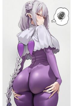 1girl annoyed ass ass_focus blush bodysuit braid breasts cloak deep_skin embarrassed emilia_(re:zero) flower fring853 from_behind grabbing_own_ass hair_flower hair_ornament huge_ass large_breasts long_hair looking_back pointy_ears purple_eyes re:zero_kara_hajimeru_isekai_seikatsu sideboob single_braid skin_tight solo very_long_hair white_hair
