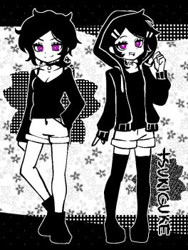 2girls :d absurdres ankle_boots arm_at_side artist_name ashley_graves back-to-back bare_legs boots bra_strap breasts bright_pupils cleavage closed_mouth commentary cowlick denim denim_shorts dual_persona english_commentary floral_background flower full_body greyscale hair_ornament hair_tie hairclip hand_in_pocket hand_up high_contrast highres hood hood_up hooded_jacket jacket jaggy_lines jitome knees_apart_feet_together legs_apart letterboxed long_sleeves looking_at_viewer low_ponytail medium_hair monochrome multiple_girls multiple_hairclips open_clothes open_jacket open_mouth outline outside_border parted_bangs pendant_choker petite pink_eyes ponytail puffy_long_sleeves puffy_sleeves purple_eyes raised_eyebrows shirt short_hair short_shorts shorts sidelocks simple_background sleeves_past_wrists small_breasts smile spot_color standing teeth the_coffin_of_andy_and_leyley thighhighs tsukiguke upper_teeth_only v-neck v-shaped_eyebrows white_background