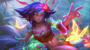 1girl absurdres artist_name bare_shoulders blurry blurry_foreground breasts brown_tank_top bug butterfly cleavage commentary english_commentary flower forest hair_flower hair_ornament highres insect league_of_legends light_particles looking_at_viewer medium_hair midriff nature navel neeko_(league_of_legends) nose orange_eyes outdoors parted_lips paul_nong purple_hair purple_nails purple_streaks reaching signature slit_pupils small_breasts smile solo tank_top teeth upper_body
