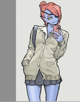 Rule 34 | 1girl, black skirt, blue sky, blush, cellphone, coat, commentary, denkirk, dress shirt, eyepatch, fang, fish girl, gills, hair bun, hand in pocket, looking at phone, microskirt, phone, plaid clothes, plaid skirt, red hair, shirt, skirt, sky, smile, solo, thighs, undyne, utdr (toby fox), white shirt, yellow eyes