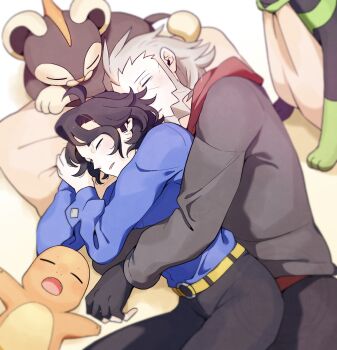 Rule 34 | 2boys, beard, belt, black gloves, black hair, black pants, blanket, blue shirt, charmander, commentary request, facial hair, fingerless gloves, gen 1 pokemon, gen 6 pokemon, gloves, gohan (horth-waribasi), grey hair, grey jacket, hair slicked back, highres, hood, hood down, hoodie, jacket, legendary pokemon, litleo, long sleeves, lying, lysandre (pokemon), male focus, multiple boys, nintendo, o-ring, o-ring belt, on back, on side, open mouth, pants, parted hair, pillow, pokemon, pokemon legends: z-a, pokemon xy, professor sycamore, red hoodie, shirt, shirt tucked in, spooning, wavy hair, yaoi, yellow belt, zygarde, zygarde (10)