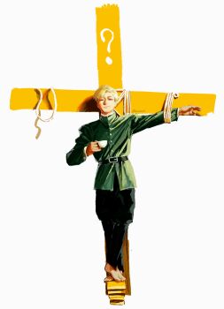 Rule 34 | 1boy, ?, barefoot, belt, black belt, blonde hair, book, buttons, chi.: chikyuu no undou ni tsuite, closed mouth, cross, crucifixion, cup, full body, green jacket, highres, holding, holding cup, jacket, male focus, pile of books, rafal (chi.), restrained, short hair, simple background, solo, standing on book, teacup, tearsakachi, twitter username, white background