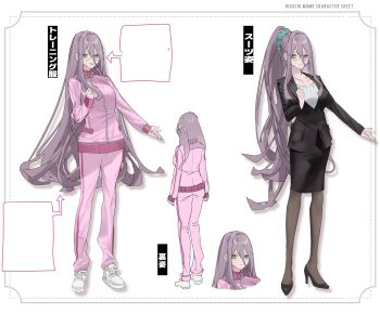 1girl absurdres artist_self-insert back black_footwear black_jacket black_skirt border breasts business_suit character_name reference_sheet closed_mouth coach collarbone commentary_request english_text formal_clothes from_behind full_body furrowed_brow glasses grey_eyes hair_between_eyes hair_ornament hair_over_breasts hair_over_one_breast hair_scrunchie hand_up high_heels highres higuchi_momo_(momotrainer) jacket korean_commentary korean_text lapels long_hair long_sleeves looking_at_viewer mixed-language_text momotrainer multiple_views nervous nervous_smile notched_lapels open_mouth original pants pantyhose pencil_skirt pink_jacket pink_pants pink_track_suit ponytail portrait purple_hair round_eyewear scrunchie shirt shoes simple_background skirt skirt_suit sleeves_past_wrists small_sweatdrop smile sneakers sportswear standing suit suit_jacket track_jacket track_pants track_suit translated turnaround variations very_long_hair white_background white_footwear white_shirt zipper_pull_tab