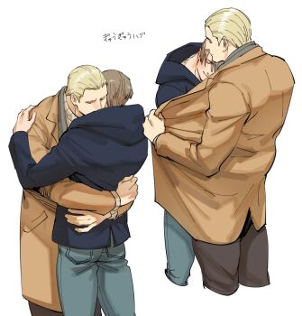 2boys black_hoodie blonde_hair blue_pants blush brown_coat brown_hair brown_pants closed_eyes closed_mouth coat couple hood hood_down hoodie hug jack_krauser leon_s._kennedy male_focus multiple_boys open_clothes open_coat pants resident_evil resident_evil:_the_darkside_chronicles resident_evil_4 short_hair simple_background smile tatsumi_(psmhbpiuczn) translation_request yaoi