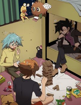 3boys bedroom brown_hair can chips_(food) dorm duel_academy_uniform_(yu-gi-oh!_gx) duel_monster flying_sweatdrops food from_above hair_between_eyes jenga long_sleeves male_focus manjoume_jun marufuji_sho multicolored_hair multiple_boys ojama_yellow p5naq_pv pharaoh_(cat) playing_games potato_chips short_hair shorts sitting skinny trembling two-tone_hair winged_kuriboh worried yu-gi-oh! yu-gi-oh!_gx yuki_judai