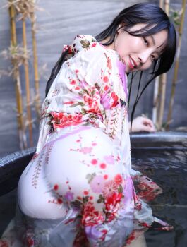 Rule 34 | 1girl, asian, ass, black hair, highres, japanese clothes, kimono, kurumi nina, long hair, looking back, partially submerged, photo (medium), smile, water, wet, wet clothes, wet kimono