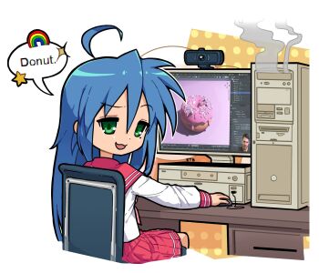 1girl :3 ahoge andrew_price balancetheball blender_(medium) blender_(software) blender_guru blue_hair chair commentary computer computer_mouse cropped_legs desk donut english_commentary english_text food from_behind green_eyes highres izumi_konata long_hair looking_at_viewer looking_back lucky_star mole mole_under_eye monitor neckerchief purple_hair red_neckerchief red_sailor_collar ryouou_school_uniform sailor_collar school_uniform serafuku simple_background sitting smoke solo speech_bubble webcam white_background youtube