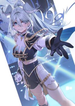 1girl black_gloves blue_eyes blue_hair breasts capelet cross-shaped_pupils earrings elira_pendora expressionless gloves hair_between_eyes hair_intakes head_wings heterochromia high_ponytail highres jewelry kamameshi_gougoumaru large_breasts looking_at_viewer midriff nijisanji nijisanji_en nijisanji_idol_uniform pikl_(elira_pendora) ponytail purple_eyes reaching reaching_towards_viewer shorts single_bare_shoulder solo stage stage_lights symbol-shaped_pupils virtual_youtuber wings