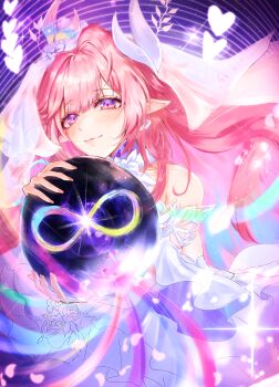 1girl absurdres amphoreus_(honkai:_star_rail) breasts bridal_veil commentary cyrene_(honkai:_star_rail) cyrene_(ripples_of_past_reverie)_(honkai:_star_rail) diamond-shaped_pupils diamond_(shape) dress flower hair_flower hair_ornament heart highres holding_orb honkai:_star_rail honkai_(series) long_hair mobius_strip pink_hair pointy_ears purple_eyes small_breasts solo symbol-shaped_pupils veil very_long_hair white_dress yamu_(yanz)