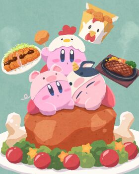 blue_eyes broccoli cherry_tomato chicken_(food) chicken_hat commentary_request cow_hat food highres kirby kirby_(series) miclot nintendo no_humans pig_hat plate steak tomato