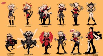 1boy 6+girls :d absurdres ahoge alcohol angel angry animal_ears arm_hair armband ass azazel_(helltaker) beelzebub_(helltaker) belt belt_buckle bikini black_belt black_footwear black_gloves black_hair black_horns black_jacket black_nails black_neckwear black_pants black_skirt black_suit black_tail black_vest blue_background blue_eyes blunt_bangs blush blush_stickers boots bow bowtie bracelet breasts buckle bug business_suit cerberus_(helltaker) chain character_name cigarette claws cleavage clenched_teeth closed_mouth collarbone collared_shirt colored_skin commentary contrapposto cross crown cup curly_hair damaged dark-skinned_female dark_skin demon demon_girl demon_horns demon_tail detached_ahoge dog_ears dog_girl dot_nose drinking_glass earrings english_text evil_smile fangs finger_to_mouth fingerless_gloves fingernails formal_clothes from_side full_body furry furry_female gloves goat goat_ears goat_girl goat_tail grey_eyes grey_hair grey_skin grin hair_ornament hair_over_one_eye hair_ribbon halftone halo hand_on_belt hand_to_head hand_up headache heart heart-shaped_pupils heart_tail helltaker helltaker_(character) high_heel_boots high_heels highres holding holding_unworn_clothes holding_cup holding_jacket holding_pen holding_unworn_clothes horns hug index_finger_raised jacket jacket_on_shoulders jewelry jitome judgement_(helltaker) justice_(helltaker) knee_boots large_breasts leather_bikini leg_belt long_hair long_sleeves looking_at_viewer looking_to_the_side low-tied_long_hair lucifer_(helltaker) malina_(helltaker) medium_hair modeus_(helltaker) multiple_girls nail_polish navel necklace necktie nose_blush notepad open_mouth orange_background pandemonica_(helltaker) pants pantyhose parted_lips pen pencil_skirt piercing ponytail rariatto_(ganguri) red_eyes red_gloves red_legwear red_shirt red_sweater revealing_clothes ribbed_sweater ribbon ringed_eyes shading sharp_teeth shirt short_hair short_sleeves sidelocks simple_background skirt slit_pupils smile smoke smoking sparkle standing standing_on_one_leg suit sunglasses sweater swimsuit symbol-only_commentary symbol-shaped_pupils tail teeth thighhighs tiptoes torn_clothes triplets twitter_username unworn_jacket upper_teeth_only vest walking white_eyes white_fur white_gloves white_hair white_horns white_jacket white_pants white_ribbon white_shirt wine wine_glass wing_collar yellow_background zdrada_(helltaker)