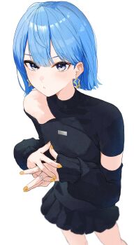 1girl absurdres alternate_color black_arm_warmers black_shirt black_skirt blue_eyes blue_hair bob_cut cowboy_shot double-parted_bangs earrings eyebrows_hidden_by_hair from_above gold_earrings highres hololive hoshimachi_suisei hoshimachi_suisei_(11th_costume) interlocked_fingers jewelry light_blush looking_at_viewer miniskirt multiple_rings official_alternate_costume own_hands_together parted_lips ring shirt short_hair single_bare_shoulder single_sleeve skirt solo star_(symbol) star_earrings star_in_eye symbol_in_eye tagosaku_(tatsukiuma0329) virtual_youtuber white_background yellow_nails