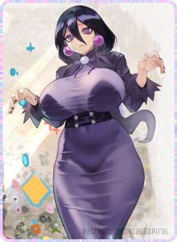 1girl @_@ belt black_nails bolo_tie breasts chestnut_mouth dress earrings gabriel_carrasquillo hands_up hex_maniac_(pokemon) hex_maniac_(pokemon_legends:_z-a) highres jewelry large_breasts long_hair low_ponytail nail_polish nintendo parted_lips pokemon pokemon_legends:_z-a ponytail purple_eyes purple_hair see-through_clothes see-through_dress solo