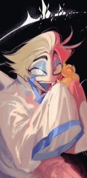 1boy blonde_hair dbm001 demon_boy hair_slicked_back hazbin_hotel hellaverse highres long_sleeves looking_at_viewer lucifer_morningstar_(hazbin_hotel) male_focus robe rubber_duck sleeves_past_wrists solo white_robe