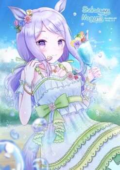Rule 34 | 1girl, animal ears, bare shoulders, blue sky, blush, breasts, closed mouth, cloud, collarbone, commentary request, cup, dress, dress swimsuit, drinking glass, ear flower, ear wreath, highres, holding, holding cup, holding spoon, horse ears, horse girl, horse tail, jewelry, long hair, looking at viewer, mejiro mcqueen (ripple fairlady) (umamusume), mejiro mcqueen (umamusume), necklace, official alternate costume, outdoors, purple eyes, purple hair, shiratsuyu maguro, sky, small breasts, smile, solo, spoon, swimsuit, tail, umamusume, water