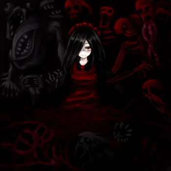 1girl black_hair closed_mouth dress eldritch_abomination futaba_channel hair_over_one_eye highres hiromasu horror_(theme) long_hair maid_headdress monster nijiura_maids ozoi red_dress red_eyes skeleton smile solo_focus