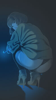 1girl absurdres ass black_panties blue_theme brown_hair candle commentary dark full_body high_heels highres key_(kagibangou) looking_at_viewer looking_back open_mouth original panties short_hair solo squatting sweater thighhighs underwear
