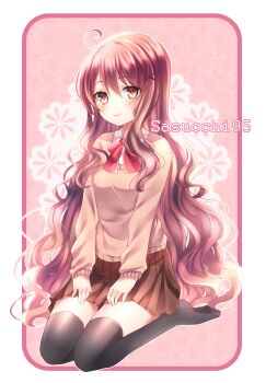 1girl artist_self-insert black_thighhighs blush border bow bowtie breasts brown_skirt brown_sweater closed_mouth collared_shirt commentary cowlick full_body hair_between_eyes hair_ornament hands_on_own_thighs highres lips long_hair long_sleeves looking_at_viewer miniskirt no_shoes original outline pink_background pleated_skirt red_bow red_bowtie sasu_(sasucchi95) sasucchi95 school_uniform seiza shirt sidelocks simple_background sitting skirt small_breasts smile solo sweater symbol-only_commentary thighhighs transparent_border very_long_hair wavy_hair white_outline white_shirt x_hair_ornament yellow_eyes zettai_ryouiki