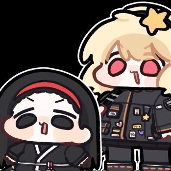 2girls aeng-du_(project_moon) black_background black_coat black_eyes black_hair black_pants black_robe blonde_hair coat ezra_(project_moon) hair_ornament hashtag-only_commentary headband highres limbus_company littlesoin long_hair multiple_girls pants pin pink_eyes project_moon red_headband robe simple_background star_(symbol) star_hair_ornament the_distortion_detective