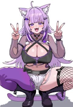 1girl ahoge animal_ear_fluff animal_ears belt black_collar blush boots breasts cat_ears cat_girl cat_tail cl_oor cleavage collar crop_top double_v fangs fishnet_thighhighs fishnets food food_print hair_between_eyes hands_up highres hololive large_breasts long_sleeves looking_at_viewer navel nekomata_okayu nekomata_okayu_(gyaru) official_alternate_costume onigiri onigiri_print open_mouth pantyhose purple_eyes purple_hair purple_pantyhose see-through_clothes short_hair shorts single_leg_pantyhose single_thighhigh smile solo spread_legs squatting tail thick_thighs thighhighs thighs torn_clothes torn_shorts v virtual_youtuber white_shorts