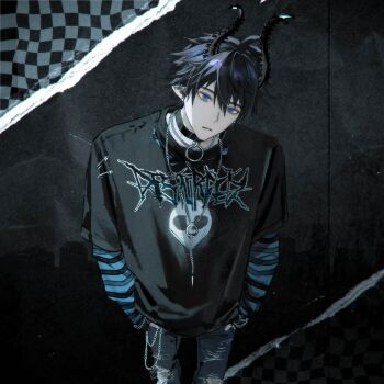 Rule 34 | 1boy, absurdres, album cover, alien print, black background, black collar, black hair, black horns, black shirt, blue eyes, blue shirt, chain, chain necklace, checkered background, chromatic aberration, closed mouth, clothes writing, collar, cover, cowboy shot, denim, double-parted hair, earrings, emo fashion, empty eyes, expressionless, film grain, from above, gradient eyes, grey pants, hair between eyes, hands in pockets, head tilt, highres, hoop earrings, horns, jeans, jewelry, layered shirt, light frown, long sleeves, looking at viewer, male focus, multicolored eyes, multiple earrings, multiple necklaces, necklace, nijisanji, nijisanji en, o-ring collar, official art, pale skin, pants, pointy ears, print shirt, ren zotto, safety pin, second-party source, shirt, short hair, short sleeves, solo, spiked horns, st31010, standing, striped clothes, striped shirt, stud earrings, t-shirt, torn clothes, torn jeans, torn pants, torn shirt, virtual youtuber, wallet chain