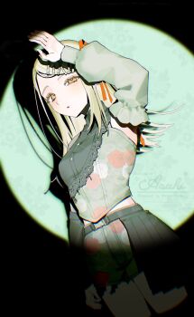 Rule 34 | 1girl, arm up, belt, blonde hair, detached sleeves, gakuen idolmaster, hashtag-only commentary, highres, idolmaster, long hair, looking at viewer, orange eyes, shine asahi, shinosawa hiro, short shorts, shorts, solo, spotlight