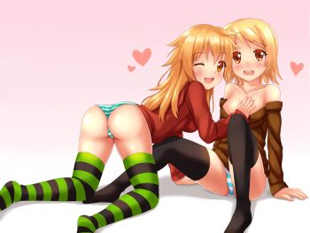 2girls all_fours artist_self-insert ass bare_shoulders black_legwear blonde_hair blush breasts fictional_persona grabbing_another's_breast gradient_background groping heart highres hood hoodie long_hair looking_at_viewer looking_back makishii multiple_girls no_pants nottytiffy open_mouth orange_eyes orange_hair original panties parka real_life_insert ribbed_sweater shiny_skin short_hair sitting smile striped_clothes striped_legwear striped_panties striped_thighhighs sweater thighhighs tiffy_(nottytiffy) underwear yuri