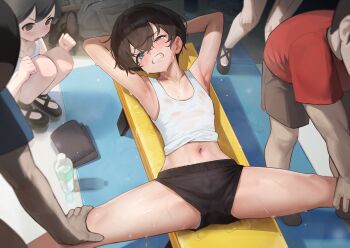 5boys absurdres armpits arms_up black_hair black_shorts blue_eyes clenched_teeth commentary_request covered_penis hakusyokuto highres lying male_focus midriff multiple_boys navel on_back one_eye_closed original parted_lips short_hair short_shorts shorts solo_focus spread_legs sweat tank_top teeth very_short_hair white_tank_top