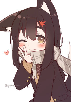 Rule 34 | 1girl, animal ear fluff, animal ears, artist name, black hair, black jacket, blush, brown eyes, brown scarf, brown sweater, closed mouth, commentary, fang, fang out, fox ears, fox girl, fox tail, hair ornament, heart, highres, jacket, layered sleeves, leaf, leaf hair ornament, long hair, long sleeves, looking at viewer, maple leaf, oimo kitsune-chan (kyoujyua), one eye closed, open clothes, open jacket, original, plaid clothes, plaid scarf, scarf, simple background, sketch, skin fang, solo, sweater, tail, twitter username, v, white background, yuune (ayanepuna)