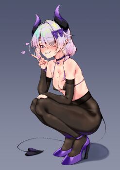 1boy bare_shoulders black_bra black_pantyhose blue_eyes blush bra breasts chinese_commentary choker cleavage commentary_request demon_horns demon_tail elbow_gloves gloves grin heart high_heels horns husun_wei large_variant_set long_hair looking_at_viewer male_focus male_with_breasts mole mole_on_breast original pantyhose pointy_ears ponytail purple_hair purple_shoes red_nails shoes smile solo squatting tail trap underwear v variant_set very_long_hair