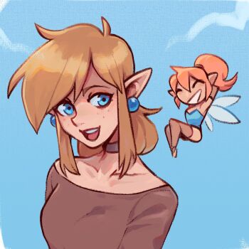 2girls :d ^_^ black_choker blonde_hair blue_background blue_eyes breasts brellom bridal_legwear brown_thighhighs character_request choker closed_eyes collarbone earrings fairy fairy_wings freckles genderswap genderswap_(mtf) grin hair_between_eyes highres jewelry link long_hair looking_at_another looking_to_the_side medium_breasts medium_hair multiple_girls nintendo off_shoulder open_mouth orange_hair pointy_ears ponytail sidelocks smile sphere_earrings teeth the_legend_of_zelda thighhighs upper_body upper_teeth_only wings