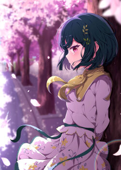 1girl aihara_tsubaki arms_behind_back black_hair blurry blurry_foreground blush cherry_blossoms depth_of_field floral_print hair_ornament hairclip highres lida_vv long_hair long_sleeves ongeki outdoors petals red_eyes short_hair solo tree
