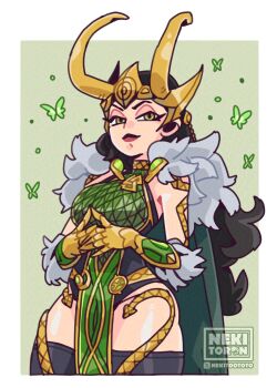 1girl animification armor black_hair black_lips breasts cape cleavage commentary english_commentary fake_horns fur-trimmed_cape fur_trim gloves gold_gauntlets gold_gloves gold_headwear gold_helmet green_armor green_cape highres horned_headwear horned_tiara horns lady_loki large_breasts loki_(marvel) long_hair looking_at_viewer marvel marvel_rivals nekitoron official_alternate_design scale_armor solo superhero_costume thighhighs thor_(marvel)_(series) tiara