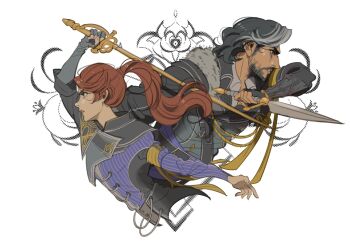 1boy 1girl beard black_gloves black_hair black_jacket blue_jacket breasts brown_hair clair_obscur:_expedition_33 cropped_torso dagger facial_hair fighting_stance fingerless_gloves fur-trimmed_jacket fur_trim furrowed_brow gloves grey_hair highres holding holding_dagger holding_knife holding_sword holding_weapon jacket knife long_hair maelle_(clair_obscur:_expedition_33) medium_breasts medium_hair multicolored_hair outstretched_arm parted_bangs parted_lips ponytail shy_(ribboneels) single_fingerless_glove streaked_hair sword verso_(clair_obscur:_expedition_33) weapon white_background