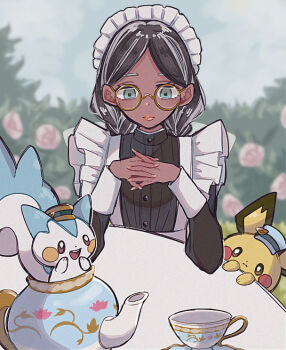 1girl amarys_(pokemon) blurry blurry_background braid cup dark-skinned_female dark_skin dress enekonoshippo27 frills gen_2_pokemon gen_4_pokemon long_hair low_twin_braids maid maid_headdress nintendo orange_lips outdoors pachirisu pichu pokemon pokemon_sv round_eyewear solo teacup teapot twin_braids