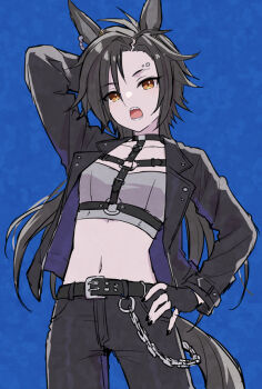 1girl air_shakur_(umamusume) animal_ears belt black_belt black_gloves black_hair black_jacket black_nails black_pants blue_background breasts chain collarbone crop_top ear_chain ear_ornament eyebrow_piercing face_piercing fingerless_gloves gloves grey_tube_top horse_ears horse_girl horse_tail jacket linked_piercing long_hair long_sleeves looking_at_viewer mauve midriff navel open_clothes open_jacket open_mouth pants piercing sharp_teeth shirt simple_background solo strapless tail teeth tube_top umamusume yellow_eyes