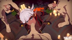 1girl 3boys 3d animated bakusatsuho black_nails blue_eyes bodystocking candle clothed_female_nude_male dark-skinned_female dark_skin deepthroat dnf_duel double_handjob dungeon_and_fighter ear_piercing elf fellatio handjob high_heels imjustthatkinky indoors interior jewelry kneeling kunoichi_(dungeon_and_fighter) looking_at_viewer multiple_boys nail_polish ninja nude oral penis piercing pointy_ears pov skin_tight sound testicles thief_(dungeon_and_fighter) uncensored video wallimog white_hair