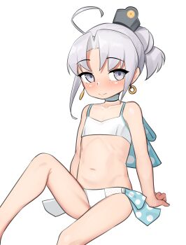 1girl absurdres aged_down ahoge akitsushima_(kancolle) akitsushima_(swimsuit)_(kancolle) alternate_hairstyle bikini feet_out_of_frame flat_chest grey_eyes grey_hair hair_bun hat highres invisible_chair kantai_collection loli looking_at_viewer maru_(marg0613) mini_hat one-hour_drawing_challenge ponytail side-tie_bikini_bottom sitting solo swimsuit white_background white_bikini