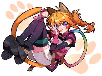 1girl :3 :p animal_ears belt black_boots black_thighhighs boots braid breasts cat_ears cat_girl choker collar commentary facepaint facial_mark fire_emblem fire_emblem:_radiant_dawn hair_between_eyes hand_guard highres kurimori looking_at_viewer lyre_(fire_emblem) nintendo o-ring o-ring_belt orange_hair orange_tail paw_pose paw_print pink_choker pink_collar purple_eyes rainbow_ribbon shorts side_slit side_slit_shorts simple_background small_breasts solo thigh_belt thigh_strap thighhighs thighs tongue tongue_out whisker_markings