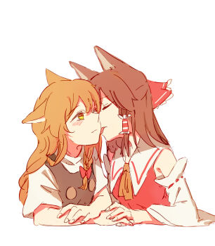 Rule 34 | 2girls, animal ears, bigreen, black vest, blonde hair, blush, bow, braid, brown hair, closed eyes, closed mouth, commentary, dog ears, dog girl, frilled bow, frilled hair tubes, frills, hair bow, hair tubes, hakurei reimu, highres, holding hands, interlocked fingers, kemonomimi mode, kirisame marisa, licking, licking another's face, long hair, multiple girls, no headwear, red bow, side braid, simple background, single braid, tongue, tongue out, touhou, upper body, vest, white background, yellow eyes, yuri