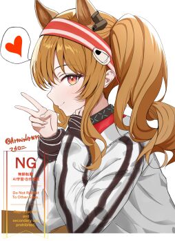 1girl absurdres angelina_(arknights) animal_ears arknights black_collar blush brown_hair coat collar commentary earpiece extra_ears fingernails fox_ears fox_girl from_side hairband heart highres infection_monitor_(arknights) long_hair long_sleeves looking_at_viewer makaroni_(arknights4649) multicolored_hairband orange_eyes red_hairband simple_background smile solo spoken_heart striped_clothes striped_hairband twintails two-tone_hairband upper_body v white_background white_coat