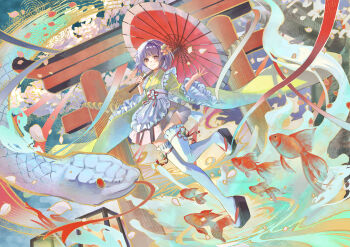 Rule 34 | 1girl, absurdres, apron, black sandals, blunt bangs, closed mouth, commentary, fish, frilled apron, frilled sleeves, frills, full body, goldfish, green kimono, highres, hishaku (hisyakusama), holding, holding umbrella, japanese clothes, kimono, leg up, long sleeves, looking at viewer, miniskirt, oil-paper umbrella, okobo, orange skirt, original, platform sandals, pleated skirt, purple hair, red eyes, sandals, short hair, skirt, smile, snake, solo, tabi, thighhighs, torii, umbrella, white apron, white thighhighs, wide sleeves