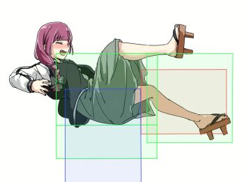 1girl black_jacket bocchi_the_rock! closed_eyes dress fighting_game full_body geta green_dress hiroi_kikuri hitbox jacket m._bison purple_hair simple_background solo street_fighter torako_(toramaru) white_background