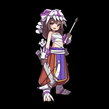 1girl arrow_(projectile) bare_shoulders barefoot black_background blush bow_(weapon) breasts brown_hair crossbow full_body hair_between_eyes hakama hakama_pants highres holding holding_arrow holding_crossbow holding_weapon japanese_clothes mask mask_on_head medium_breasts merc_storia merc_storia_art_team navel non-web_source official_art open_mouth pants quiver red_eyes red_hakama sarashi sash sidelocks simple_background smile solo spino_(merc_storia) standing tachi-e teeth tsurime upper_teeth_only v-shaped_eyebrows weapon white_sash