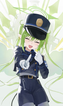 1girl 863255464 :d absurdres armband belt black_tail blue_archive blue_armband buttons closed_eyes commentary_request cowboy_shot double-breasted earrings facing_viewer fang green_hair green_halo halo hat highres holding holding_whistle jewelry nozomi_(blue_archive) open_mouth peaked_cap pointing pointing_at_viewer shorts sidelocks skin_fang smile solo twintails whistle