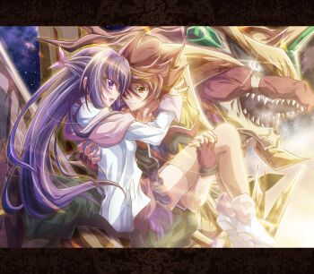 Rule 34 | 1boy, 1girl, :d, bashin dan, battle spirits, battle spirits: brave, battle spirits: shounen gekiha dan, blush, brown eyes, brown hair, capelet, carrying, cloud, couple, dragon, eye contact, fingerless gloves, gloves, hair ribbon, hetero, highres, hug, inoshishi (ikatomo), letterboxed, long hair, looking at another, miniskirt, night, open mouth, orange eyes, orange thighhighs, pleated skirt, princess carry, profile, purple eyes, purple hair, red hair, ribbon, shinomiya mai, shoes, short hair, sidelocks, skirt, sky, smile, sparkle, spiked hair, star (sky), starry sky, teeth, thighhighs, very long hair, white eyes, yellow thighhighs, zettai ryouiki