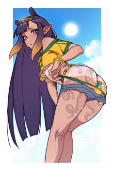 1girl ass between_buttocks bikini blue_eyes brazilian_flag brazilian_miku breasts butt_crack denim denim_shorts gradient_hair guarana_antarctica hatsune_miku headpiece highres hololive hololive_english long_hair multicolored_hair ninomae_ina'nis orange_hair pointy_ears purple_hair shinbun_n shorts small_breasts sun swimsuit tan tentacle_tattoo underboob virtual_youtuber yellow_bikini