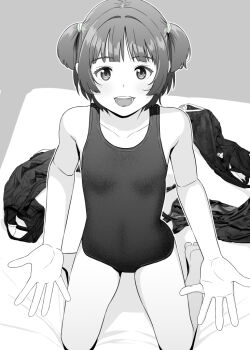 1girl bare_shoulders barefoot bed bed_sheet blunt_bangs collarbone commentary_request competition_school_swimsuit dot_nose from_above grey_background greyscale hiyori_mizuki kneeling looking_at_viewer monochrome new_school_swimsuit one-piece_swimsuit open_mouth original reaching reaching_towards_viewer school_swimsuit short_hair sidelocks simple_background smile swimsuit two_side_up unworn_swimsuit